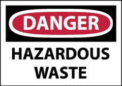 NMC - Hazardous Materials Label, Header: DANGER - Legend: Danger - Hazardous Waste, English, Red, Black & White, 5" Long x 3" High, Sign Muscle Finish - Benchmark Tooling
