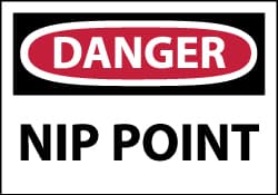 NMC - Accident Prevention Label, Header: DANGER - Legend: Danger - Nip Point, English, Red, Black & White, 5" Long x 3" High, Sign Muscle Finish - Benchmark Tooling