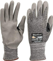 ATG - Size L (9), ANSI Cut Lvl A2, Abrasion Lvl 4, Nitrile Coated Cut Resistant Gloves - Palm & Fingers Coated, Nylon with Glass/Polyester/Lycra Lining, Knit Wrist, Gray/Green, Paired - Benchmark Tooling