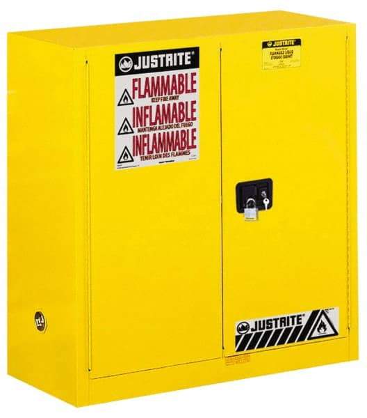 Justrite - 2 Door, 1 Shelf, Yellow Steel Standard Safety Cabinet for Flammable and Combustible Liquids - 44" High x 43" Wide x 18" Deep, Manual Closing Door, 3 Point Key Lock, 30 Gal Capacity - Benchmark Tooling