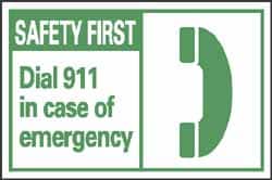 NMC - First Aid Label, Header: SAFETY FIRST - Legend: Safety First - Dial 911 in Case of Emergency, English, Green & White, 5" Long x 3" High, Sign Muscle Finish - Benchmark Tooling