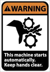 NMC - Accident Prevention Label, Header: WARNING - Legend: Warning - This Machine Starts Automatically - Keep Hands Clear, English, Black & Orange, 5" Long x 3" High, Sign Muscle Finish - Benchmark Tooling