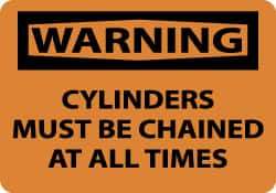 NMC - Accident Prevention Label, Header: WARNING - Legend: Warning - Cylinders Must Be Chained at All Times, English, Black & Orange, 5" Long x 3" High, Sign Muscle Finish - Benchmark Tooling