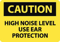NMC - Accident Prevention Label, Header: CAUTION - Legend: Caution - High Noise Level - Use Ear Protection, English, Black & Yellow, 5" Long x 3" High, Sign Muscle Finish - Benchmark Tooling