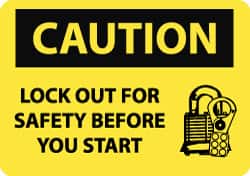 NMC - Accident Prevention Label, Header: CAUTION - Legend: Caution - Lock Out for Safety Before You Start, English, Black & Yellow, 5" Long x 3" High, Sign Muscle Finish - Benchmark Tooling