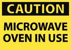 NMC - Accident Prevention Label, Header: CAUTION - Legend: Caution - Microwave Oven in Use, English, Black & Yellow, 5" Long x 3" High, Sign Muscle Finish - Benchmark Tooling