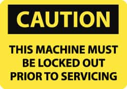 NMC - Accident Prevention Label, Header: CAUTION - Legend: Caution - This Machine Must Be Locked Out Prior to Servicing, English, Black & Yellow, 5" Long x 3" High, Sign Muscle Finish - Benchmark Tooling