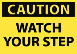 NMC - Accident Prevention Label, Header: CAUTION - Legend: Caution - Watch Your Step, English, Black & Yellow, 5" Long x 3" High, Sign Muscle Finish - Benchmark Tooling