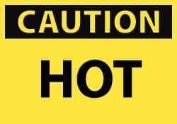 NMC - Hazardous Materials Label, Header: CAUTION - Legend: Caution - Hot, English, Black & Yellow, 5" Long x 3" High, Sign Muscle Finish - Benchmark Tooling