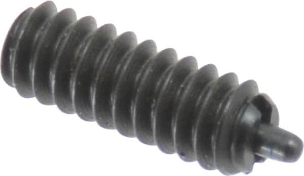 Gibraltar - 6-32, 3/8" Thread Length, 1/16" Plunger Projection, Steel Threaded Spring Plunger - 0.045" Max Plunger Diam, 3/8" Plunger Length, 1 Lb Init End Force, 1.6 Lb Final End Force - Benchmark Tooling