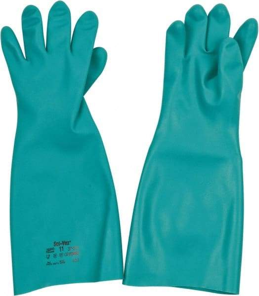 Ansell - Size 2XL (11), 18" Long, 22 mil Thick, Nitrile Chemical Resistant Gloves - Textured Finish, Straight Cuff, ANSI Abrasion Level 5, ANSI Cut Level 0, Green, FDA Approved - Benchmark Tooling