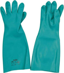 Ansell - Size 2XL (11), 18" Long, 22 mil Thick, Nitrile Chemical Resistant Gloves - Textured Finish, Straight Cuff, ANSI Abrasion Level 5, ANSI Cut Level 0, Green, FDA Approved - Benchmark Tooling