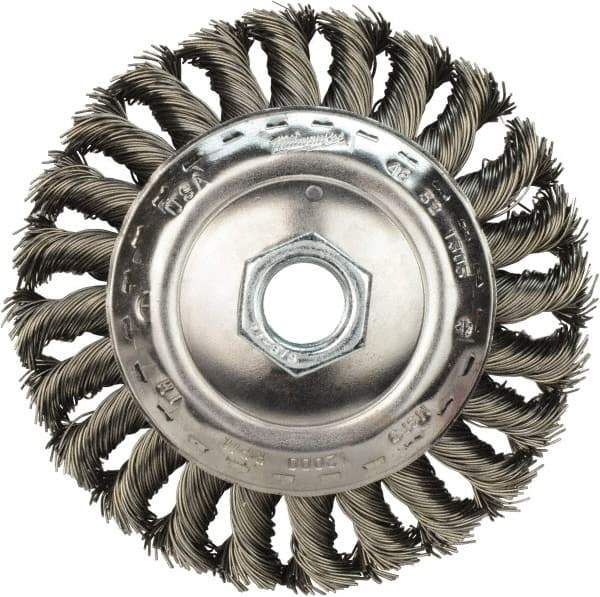 Milwaukee Tool - 4" OD, 5/8" Arbor Hole, Knotted Stainless Steel Wheel Brush - 1/2" Face Width, 3/4" Trim Length, 0.023" Filament Diam, 12,000 RPM - Benchmark Tooling