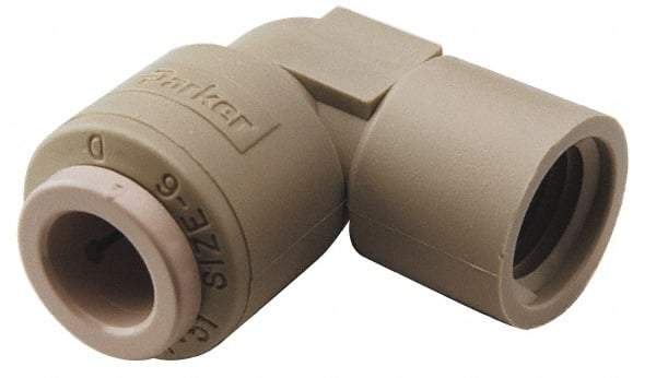 Parker - 3/8" Outside Diam, 3/8 NPTF, Acetal Push-to-Connect Tube Female Elbow - 300 Max psi, Tan - Benchmark Tooling
