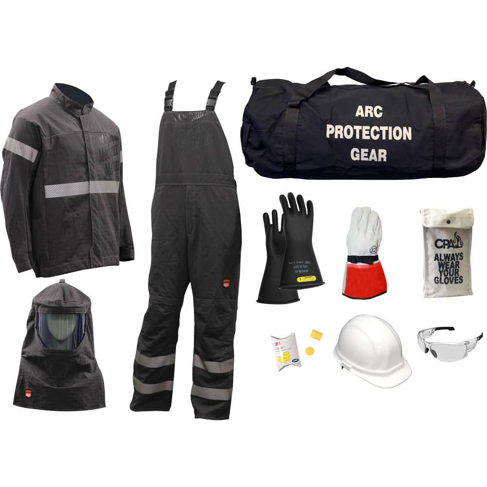 Size X-Large, 9.2 Arc Flashing Clothing Kit Includes Premium Gore Pyrad Jacket and Bib, Hood, Face Shield, Bracket, Hard Cap, Ear Plugs, Safety Glasses, Rubber Gloves, Leather Glove Protectors & Glove Bag and Arc Gear Bag