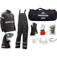 Size X-Large, 9.2 Arc Flashing Clothing Kit Includes Premium Gore Pyrad Jacket and Bib, Hood, Face Shield, Bracket, Hard Cap, Ear Plugs, Safety Glasses, Rubber Gloves, Leather Glove Protectors & Glove Bag and Arc Gear Bag