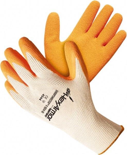 HexArmor - Size L (9), ANSI Cut Lvl A9, Puncture Lvl 5, Natural Rubber Latex Coated Cotton/SuperFabric Cut Resistant Gloves - 10.62" Long, Palm & Knuckles Coated, SuperFabric Lining, Knit Wrist, White/Orange, Paired - Benchmark Tooling