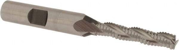 Accupro - 1/4" Diam, Fine Pitch, 1-1/4" LOC, 3 Flute Powdered Metal Corner Chamfer Roughing End Mill - Uncoated, 3-1/16" OAL, 3/8" Shank Diam, Single End, Centercutting, 30° Helix - Benchmark Tooling