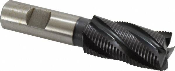 Accupro - 1" Diam, Fine Pitch, 2" LOC, 5 Flute Powdered Metal Corner Chamfer Roughing End Mill - TiAlN Finish, 4-1/4" OAL, 3/4" Shank Diam, Single End, Centercutting, 30° Helix - Benchmark Tooling