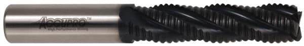 Accupro - 7/8" Diam, Coarse Pitch, 3-1/2" LOC, 5 Flute Powdered Metal Corner Chamfer Roughing End Mill - TiAlN Finish, 5-3/4" OAL, 7/8" Shank Diam, Single End, Centercutting, 30° Helix - Benchmark Tooling