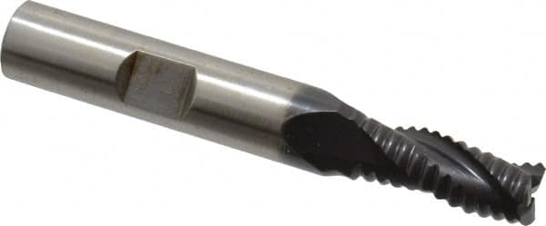 Accupro - 5/16" Diam, Coarse Pitch, 3/4" LOC, 3 Flute Powdered Metal Corner Chamfer Roughing End Mill - TiAlN Finish, 2-1/2" OAL, 3/8" Shank Diam, Single End, Centercutting, 30° Helix - Benchmark Tooling