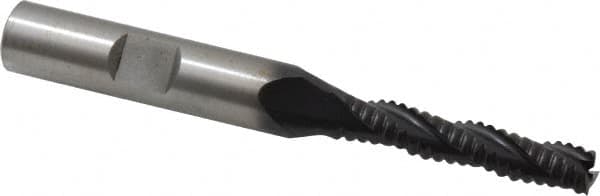 Accupro - 1/4" Diam, Coarse Pitch, 1-1/4" LOC, 3 Flute Powdered Metal Corner Chamfer Roughing End Mill - TiAlN Finish, 3-1/16" OAL, 3/8" Shank Diam, Single End, Centercutting, 30° Helix - Benchmark Tooling