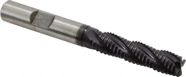 Accupro - 3/8" Diam, Coarse Pitch, 1-1/2" LOC, 4 Flute Powdered Metal Corner Chamfer Roughing End Mill - TiAlN Finish, 3-1/4" OAL, 3/8" Shank Diam, Single End, Centercutting, 30° Helix - Benchmark Tooling