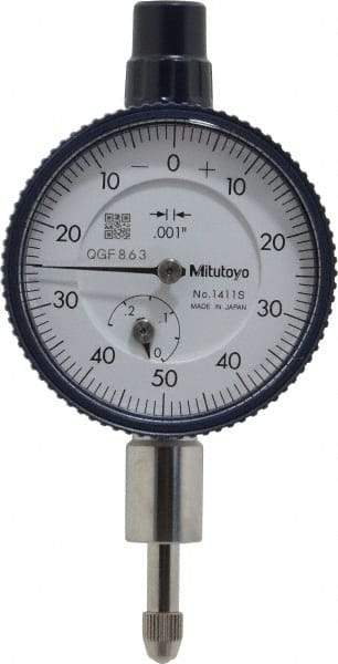 Mitutoyo - 1/4" Range, 0-50-0 Dial Reading, 0.001" Graduation Dial Drop Indicator - 1-5/8" Dial, 0.1" Range per Revolution, 0.001" Accuracy, Revolution Counter - Benchmark Tooling