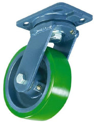 Hamilton - 8" Diam x 2" Wide x 9-1/2" OAH Top Plate Mount Swivel Caster with Brake - Polyurethane, 1,200 Lb Capacity, Precision Sealed Bearing, 4 x 5" Plate - Benchmark Tooling