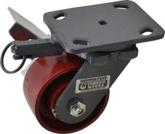 Hamilton - 4" Diam x 2" Wide x 5-5/8" OAH Top Plate Mount Swivel Caster with Brake - Cast Iron, 1,000 Lb Capacity, Roller Bearing, 4 x 5" Plate - Benchmark Tooling