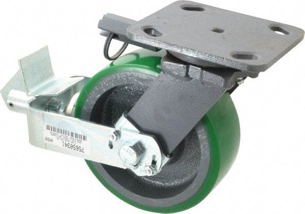 Hamilton - 6" Diam x 2" Wide x 7-1/2" OAH Top Plate Mount Swivel Caster with Brake - Polyurethane, 1,200 Lb Capacity, Precision Sealed Bearing, 4 x 5" Plate - Benchmark Tooling