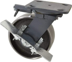 Hamilton - 6" Diam x 2" Wide x 7-1/2" OAH Top Plate Mount Swivel Caster with Brake - Forged Steel, 2,000 Lb Capacity, Roller Bearing, 4 x 5" Plate - Benchmark Tooling
