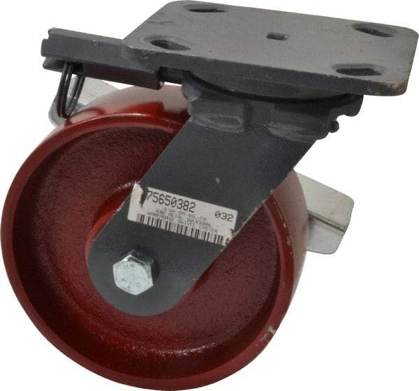 Hamilton - 6" Diam x 2" Wide x 7-1/2" OAH Top Plate Mount Swivel Caster with Brake - Cast Iron, 1,400 Lb Capacity, Roller Bearing, 4 x 5" Plate - Benchmark Tooling