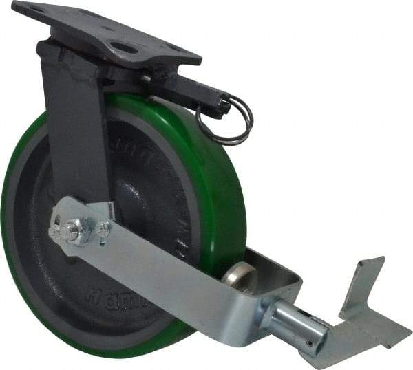 Hamilton - 8" Diam x 2" Wide x 9-1/2" OAH Top Plate Mount Swivel Caster with Brake - Polyurethane, 1,500 Lb Capacity, Precision Sealed Bearing, 4 x 5" Plate - Benchmark Tooling