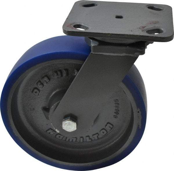 Hamilton - 8" Diam x 2" Wide x 9-1/2" OAH Top Plate Mount Swivel Caster - Polyurethane, 1,200 Lb Capacity, Precision Sealed Bearing, 4 x 5" Plate - Benchmark Tooling