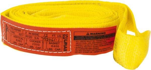 Lift-All - 12' Long x 2" Wide, 3,200 Lb Vertical Capacity, 1 Ply, Polyester Web Sling - 2,500 Lb Choker Capacity, Yellow - Benchmark Tooling