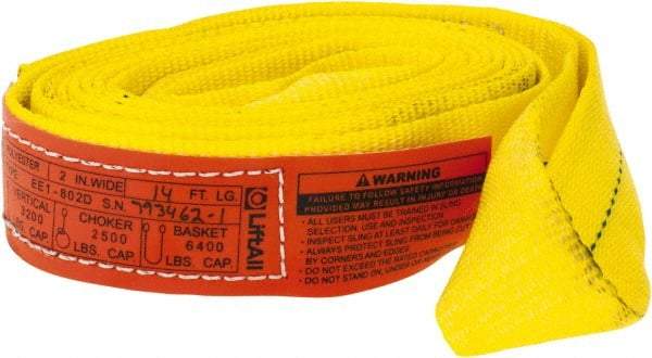 Lift-All - 14' Long x 2" Wide, 3,200 Lb Vertical Capacity, 1 Ply, Polyester Web Sling - 2,500 Lb Choker Capacity, Yellow - Benchmark Tooling