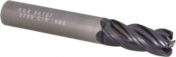 SGS - 3/8", 4 Flute, Single End, Solid Carbide, 0.06" Corner Radius End Mill - 2-1/2" OAL, Right Hand Flute, 7/8" LOC, Right Hand Cut - Benchmark Tooling