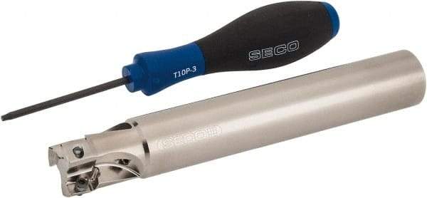 Seco - 1" Cut Diam, 0.433" Max Depth of Cut, 1" Shank Diam, 6.69" OAL, Indexable Square Shoulder End Mill - XO.X 1204 Inserts, Cylindrical Shank, 90° Lead Angle, Through Coolant, Series Super Turbo - Benchmark Tooling