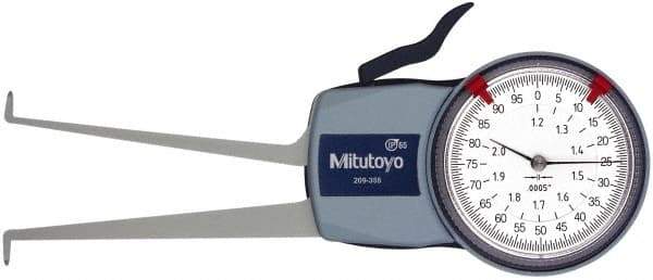 Mitutoyo - 1.2 to 2" Inside Dial Caliper Gage - 0.0005" Graduation, 0.0015" Accuracy, 3.3" Leg Length, 0.26" Deep x 0.06" Wide Groove, Ball Contact Points - Benchmark Tooling