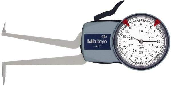 Mitutoyo - 2 to 2.8" Inside Dial Caliper Gage - 0.0005" Graduation, 0.0015" Accuracy, 3.3" Leg Length, 0.31" Deep x 0.06" Wide Groove, Ball Contact Points - Benchmark Tooling