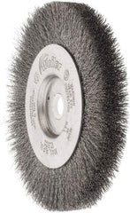 Weiler - 4" OD, 1/2" Arbor Hole, Crimped Steel Wheel Brush - 1/2" Face Width, 7/8" Trim Length, 0.006" Filament Diam, 12,500 RPM - Benchmark Tooling