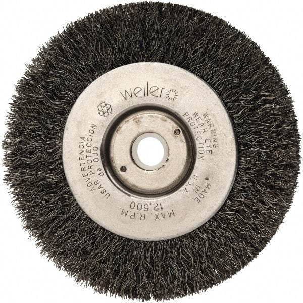 Weiler - 4" OD, 1/2" Arbor Hole, Crimped Steel Wheel Brush - 1/2" Face Width, 7/8" Trim Length, 0.008" Filament Diam, 12,500 RPM - Benchmark Tooling