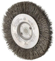 Weiler - 4" OD, 1/2" Arbor Hole, Crimped Steel Wheel Brush - 1/2" Face Width, 7/8" Trim Length, 0.0095" Filament Diam, 12,500 RPM - Benchmark Tooling