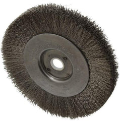 Weiler - 4" OD, 1/2" Arbor Hole, Crimped Stainless Steel Wheel Brush - 1/2" Face Width, 7/8" Trim Length, 0.006" Filament Diam, 12,500 RPM - Benchmark Tooling