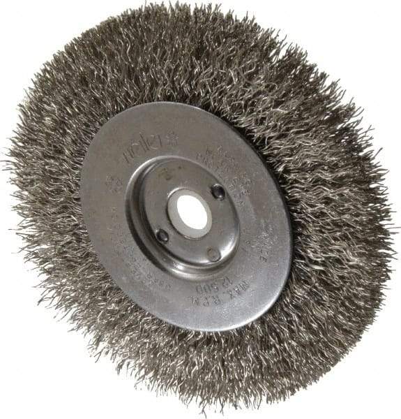 Weiler - 4" OD, 1/2" Arbor Hole, Crimped Stainless Steel Wheel Brush - 1/2" Face Width, 7/8" Trim Length, 0.0118" Filament Diam, 12,500 RPM - Benchmark Tooling