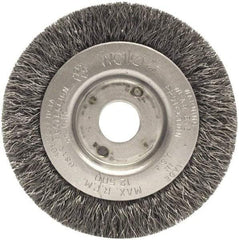 Weiler - 3" OD, 1/2" Arbor Hole, Crimped Steel Wheel Brush - 7/16" Face Width, 1/2" Trim Length, 0.014" Filament Diam, 12,500 RPM - Benchmark Tooling