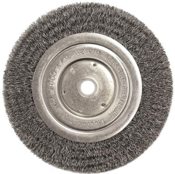 Weiler - 6" OD, 5/8" Arbor Hole, Crimped Steel Wheel Brush - 1/2" Face Width, 1-1/16" Trim Length, 0.0118" Filament Diam, 6,000 RPM - Benchmark Tooling