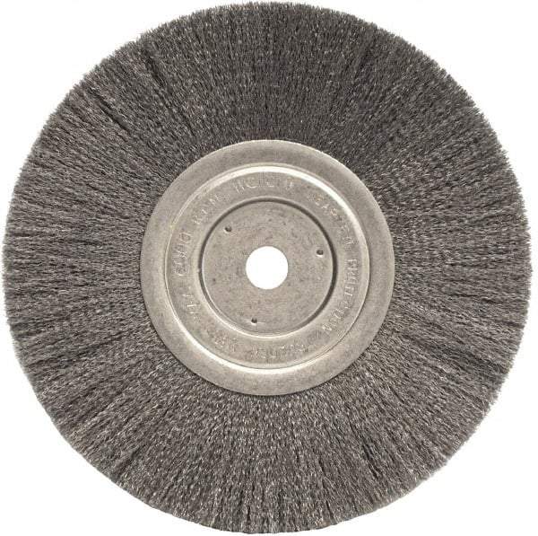 Weiler - 8" OD, 5/8" Arbor Hole, Crimped Steel Wheel Brush - 3/4" Face Width, 2-1/16" Trim Length, 0.006" Filament Diam, 6,000 RPM - Benchmark Tooling