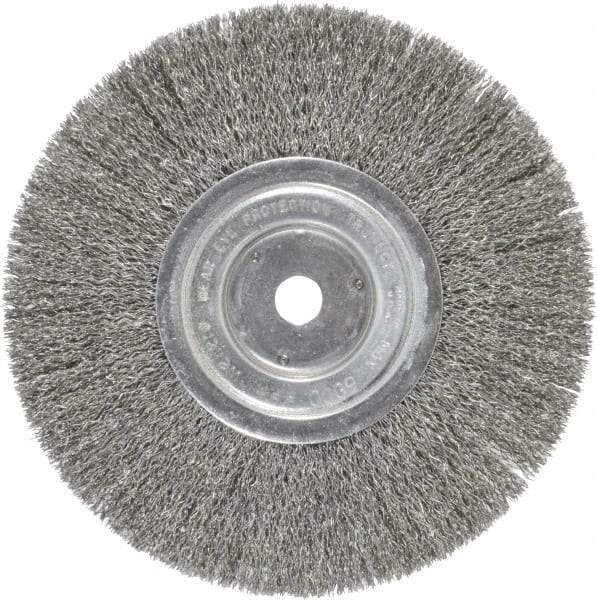 Weiler - 8" OD, 5/8" Arbor Hole, Crimped Steel Wheel Brush - 1/2" Face Width, 2-1/16" Trim Length, 0.014" Filament Diam, 6,000 RPM - Benchmark Tooling